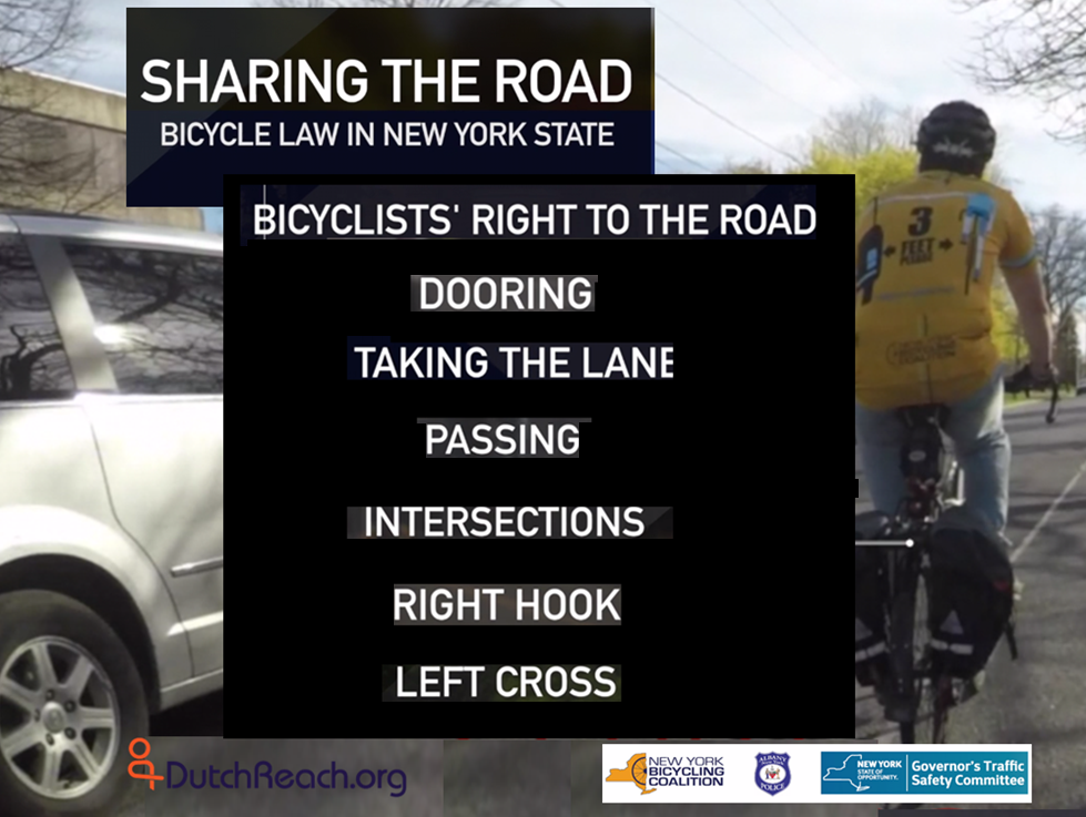 Sharing the Road with Bicycles driver's education video by New York Bicycling Coalition, Albany Police and the NYS Governor's Traffic Safety Committee., which includes the Dutch far hand method to avoid dooring cyclists, who might be injured crashing into suddenly opened car or vehicle doors.