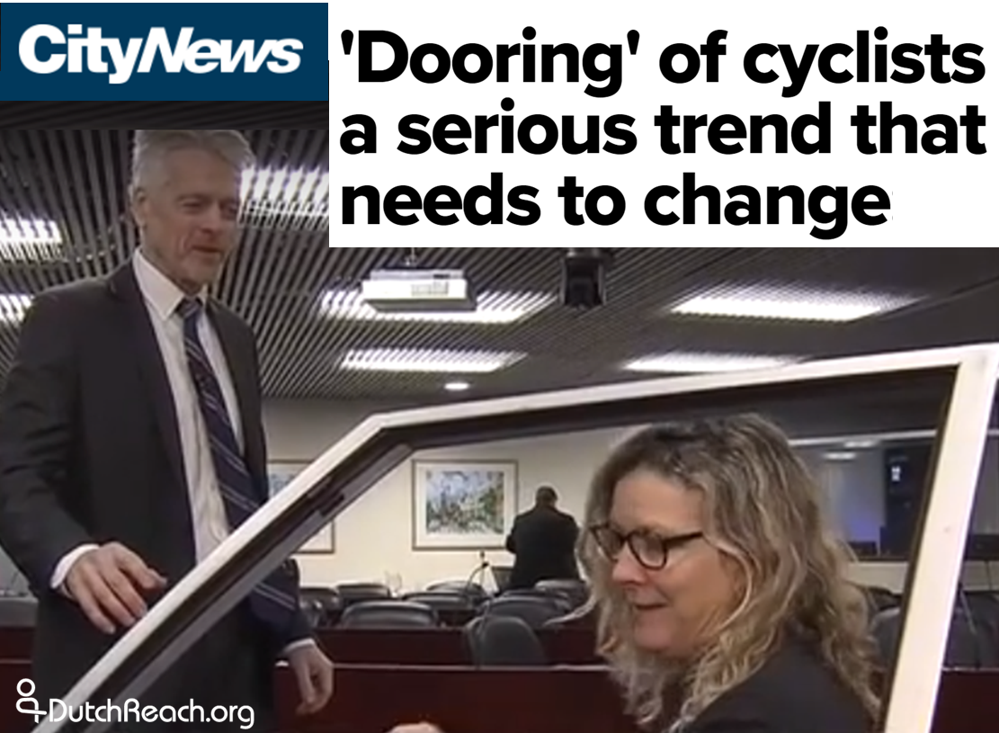 CityNews Toronto video of Dooring crisis that City Council must address. Demonstration of Dutch Reach anti dooring motion done with a car door during Council meeting.